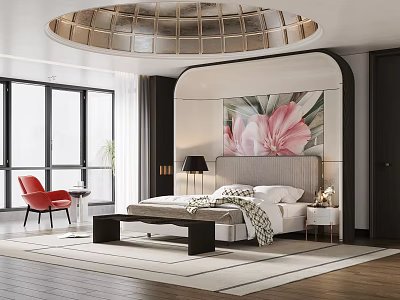 Elegant Modern Bedroom Interior Design With Circular Ceiling Floral Painting Red Chair And Wooden Floor 3d model