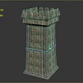Medieval Style Brick Tower With Crenellated Top Multi Colored Bricks And Blue Accent Band