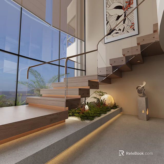 Modern Staircase With Wooden Steps Glass Railing Green Plants And Sculpture Near Large Windows 3d model 