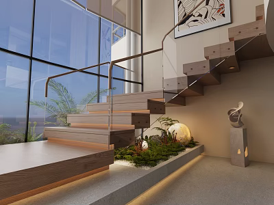 Modern Staircase With Wooden Steps Glass Railing Green Plants And Sculpture Near Large Windows 3d model