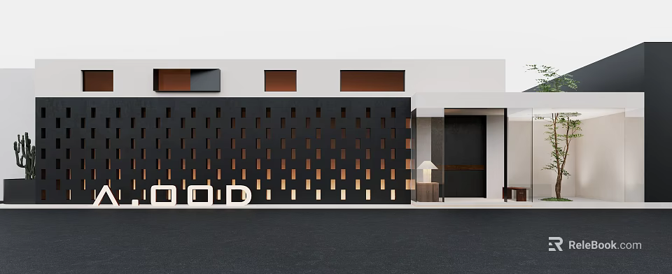 Modern Storefront Facade With Black Perforated Wall White Building Rectangular Windows And Brand Sign 3d model