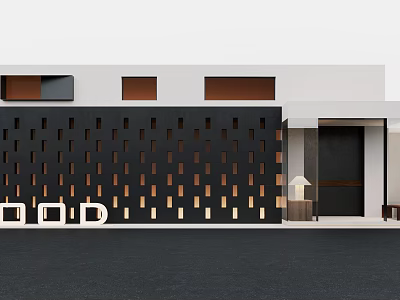 Modern Storefront Facade With Black Perforated Wall White Building Rectangular Windows And Brand Sign 3d model