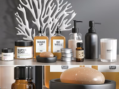 Stylish Bathroom Accessories Collection With Soap Bottles Plant Candle And Coral Decor 3d model