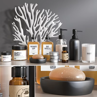 Stylish Bathroom Accessories Collection With Soap Bottles Plant Candle And Coral Decor 3d model