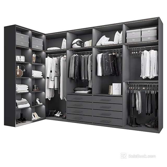 Modern Wardrobe Interior With Hanging Rods Drawers Storage Boxes And Shoes 3d model 