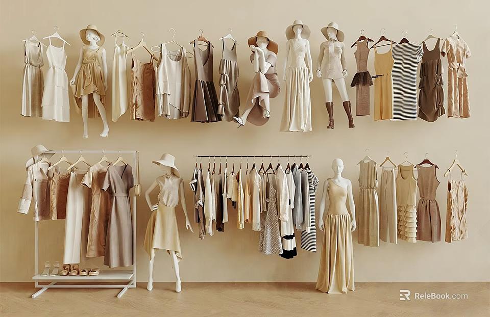 Mannequins Showcasing Neutral Tones Clothing With Dresses And Hangers In Fashion Store 3d model 