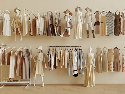 Mannequins Showcasing Neutral Tones Clothing With Dresses And Hangers In Fashion Store 3d model