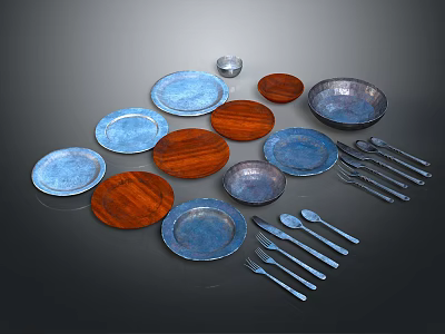Blue Ceramic And Wooden Tableware Set With Plates Bowls Spoons Forks 3d model