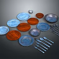 Blue Ceramic And Wooden Tableware Set With Plates Bowls Spoons Forks