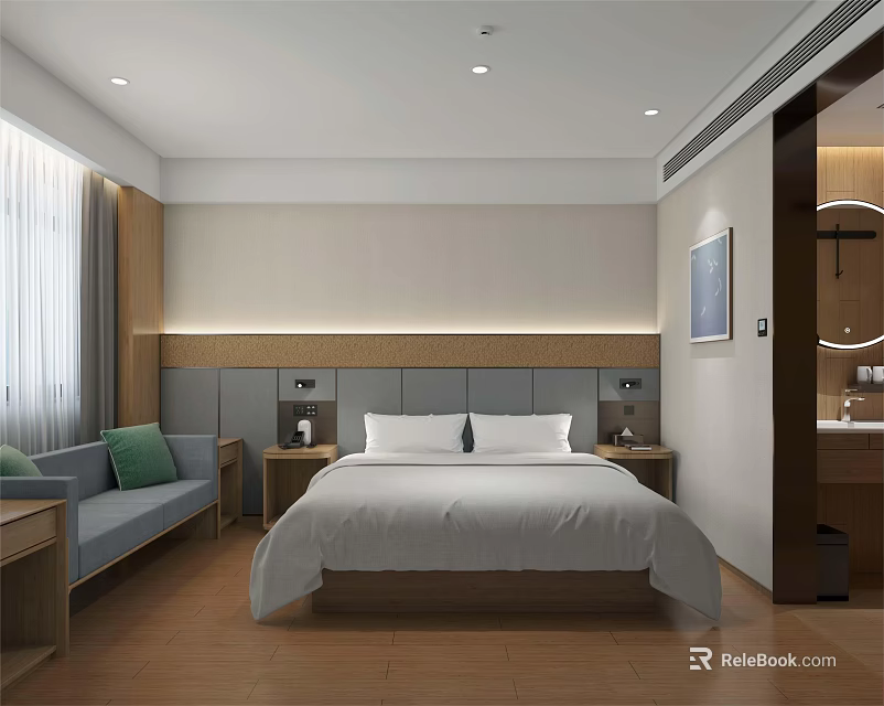 Modern Hotel Room Interior With Double Bed Sofa Nightstands And Wall Painting 3d model 