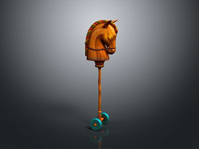 Children's Wooden Rocking Horse Toy With Colorful Mane And Blue Wheels 3d model