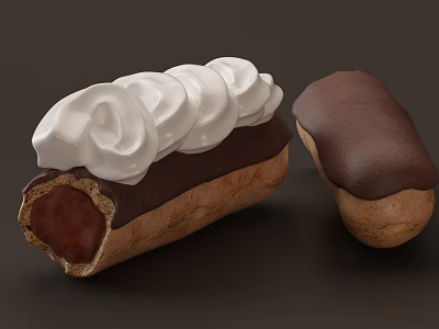 Chocolate Coated Long Dessert Pastries Cut Open With Creamy Filling And White Whipped Cream Topping 3d model