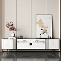Elegant TV Cabinet with White Gray Design Decorative Vase Red Flowers and Golden Wall Art