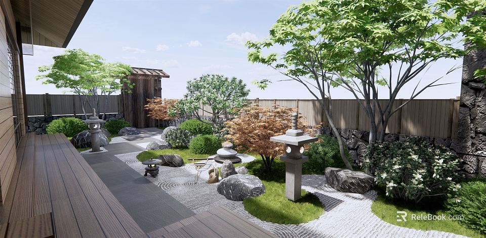 Rockery Stones in Japanese Garden with Stone Lanterns Wooden Fence Maple Trees and Mossy Pathway 3d model 