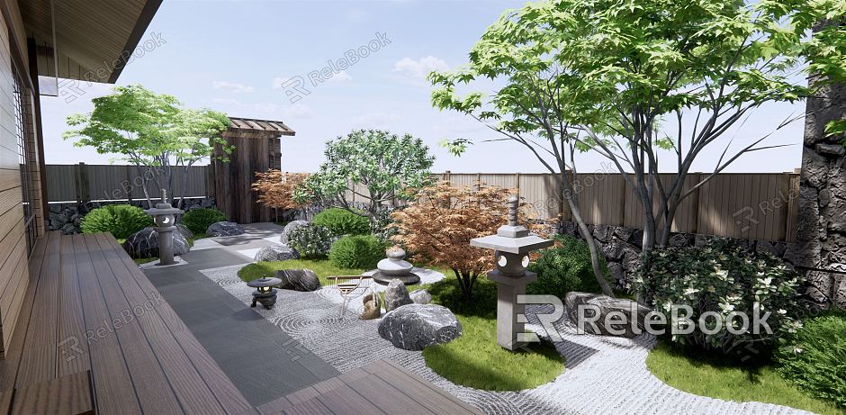 Japanese-style courtyard Zen courtyard garden dry landscape courtyard landscape stone rockery landscape maple tree egg flower tree landscape stone lamp model