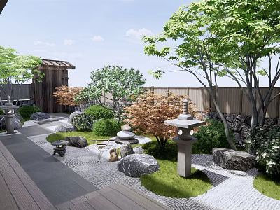 Rockery Stones in Japanese Garden with Stone Lanterns Wooden Fence Maple Trees and Mossy Pathway 3d model