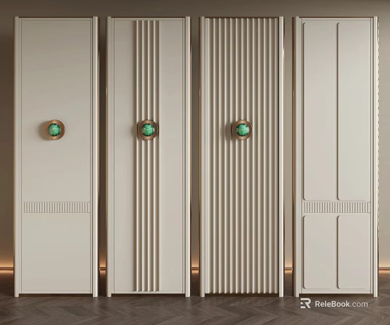 Modern Light Colored Wall Panels With Vertical Stripes And Green Circular Accents 3d model 