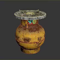 Yellow Rusty Gas Cylinder With Metal Burner Top And Control Knobs For Daily Household Use