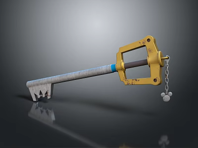 Yellow Key With Toothed End Silver Handle Blue Ring Chain Small Ball Daily Necessities 3d model