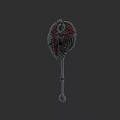 Mythical Battle Axe With Ornate Red And Black Design And Decorative Head