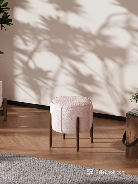 Pink Round Leisure Chair with Wooden Legs on Wooden Floor White Wall and Plant Shadows 3d model 