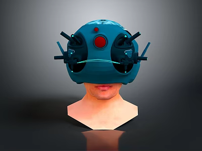 Modern Tech Inspired Blue Head Mounted Helmet With Black Structures And Red Circular Component 3d model