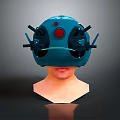 Modern Tech Inspired Blue Head Mounted Helmet With Black Structures And Red Circular Component 3d model
