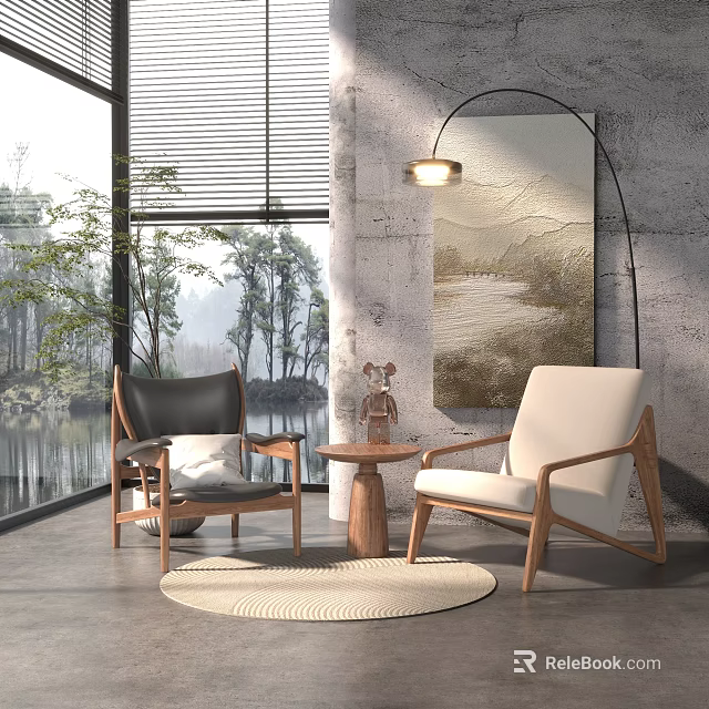 Comfortable Stylish Leisure Chairs Wooden Frame Black White Small Round Table Woven Rug Modern View 3d model 