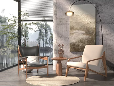 Comfortable Stylish Leisure Chairs Wooden Frame Black White Small Round Table Woven Rug Modern View 3d model