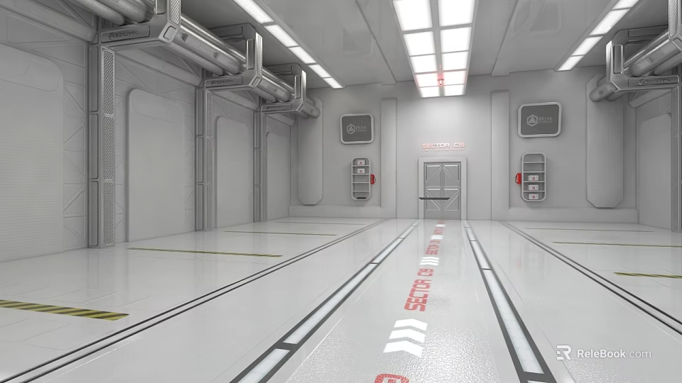 Futuristic Corridor Interior With White Walls Ceiling Lights Pipes Exit Signs And Safety Markings 3d model 