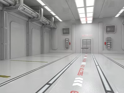 Futuristic Corridor Interior With White Walls Ceiling Lights Pipes Exit Signs And Safety Markings 3d model