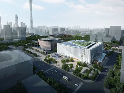 Contemporary Urban Cityscape Featuring Modern Buildings Green Roof Plaza And Tall Skyscrapers 3d model
