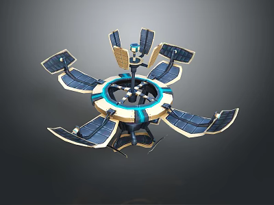 Advanced Space Satellite Equipment Featuring Circular Structure And Solar Panels Array 3d model