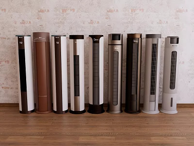 Modern Vertical Air Cooler Fans with Various Colors Displayed on Wooden Floor 3d model