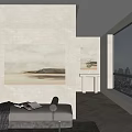 Modern Interior Featuring Sofa Wall Painting Console Table Green Plant Large Window And Herringbone Floor