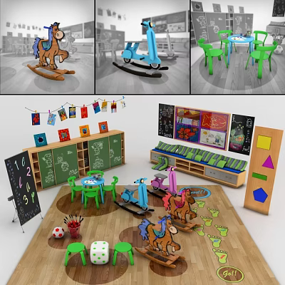 Colorful Building Blocks in Kids Play Area with Rocking Horse Green Tables Chairs and Blackboard 3d model