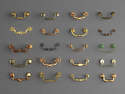 Various Decorative Drawer Pulls With Different Designs And Metallic Finishes 3d model