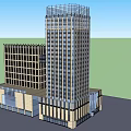 Tall Modern Hotel Building Complex With Glass Curtain Wall Connecting Bridge And Bottom Podium