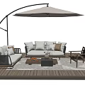 Comfortable Outdoor Sofa Set With Large Umbrella And Wooden Deck Area Cushions