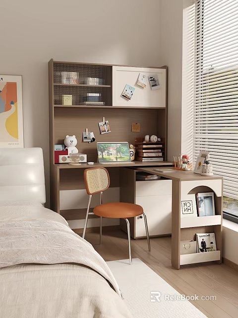 Cozy Kids Room Interior Design With Desk Bookshelf White Teddy Bear And 3d model 