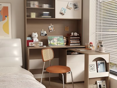 Cozy Kids Room Interior Design With Desk Bookshelf White Teddy Bear And 3d model