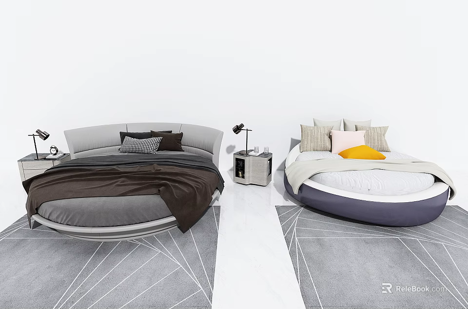 Modern Bedroom Interiors With Dark Bedding Light Pillows Round Bed Nightstands Lamps And Geometric Carpets 3d model 