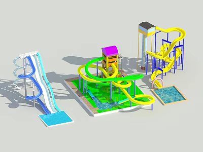 Colorful Water Park Playground Equipment With Yellow Blue Slides Purple Tower And Pool 3d model