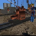 Industrial Utility Vehicle Working At Construction Site With Workers And Cranes