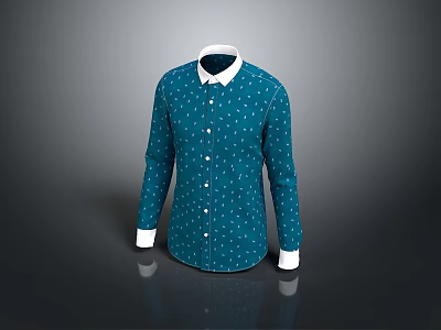 Stylish Blue Long Sleeve Shirt With White Polka Dots And White Collar Cuffs 3d model