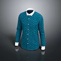 Stylish Blue Long Sleeve Shirt With White Polka Dots And White Collar Cuffs