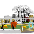 Children's Play Area With Large Red Sculptures Trees And Yellow Building