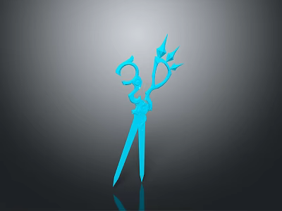 Blue Scissors With Unique Decorative Design On Gray Background And Reflective Effect 3d model