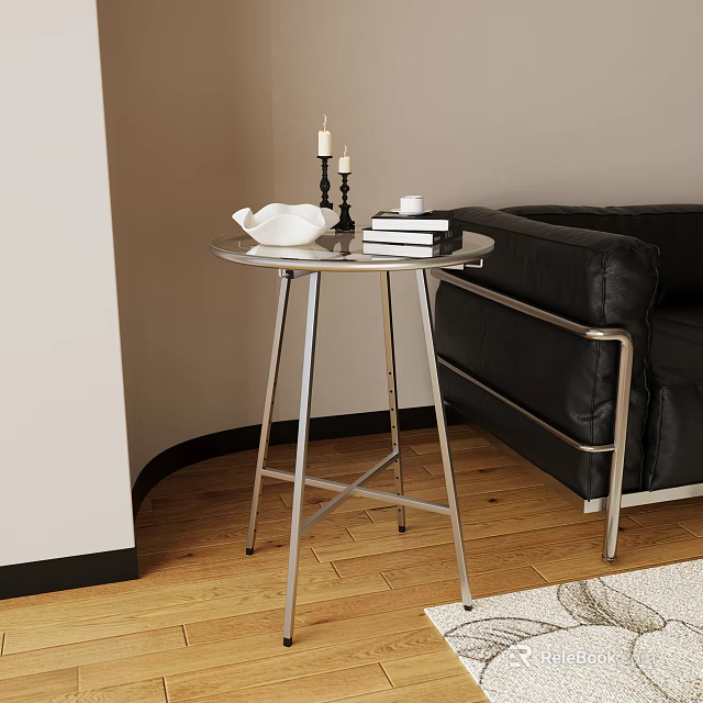 Modern Round Side Table with Metal Frame Near Black Leather Sofa 3d model