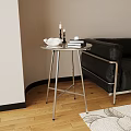 Modern Round Side Table with Metal Frame Near Black Leather Sofa 3d model